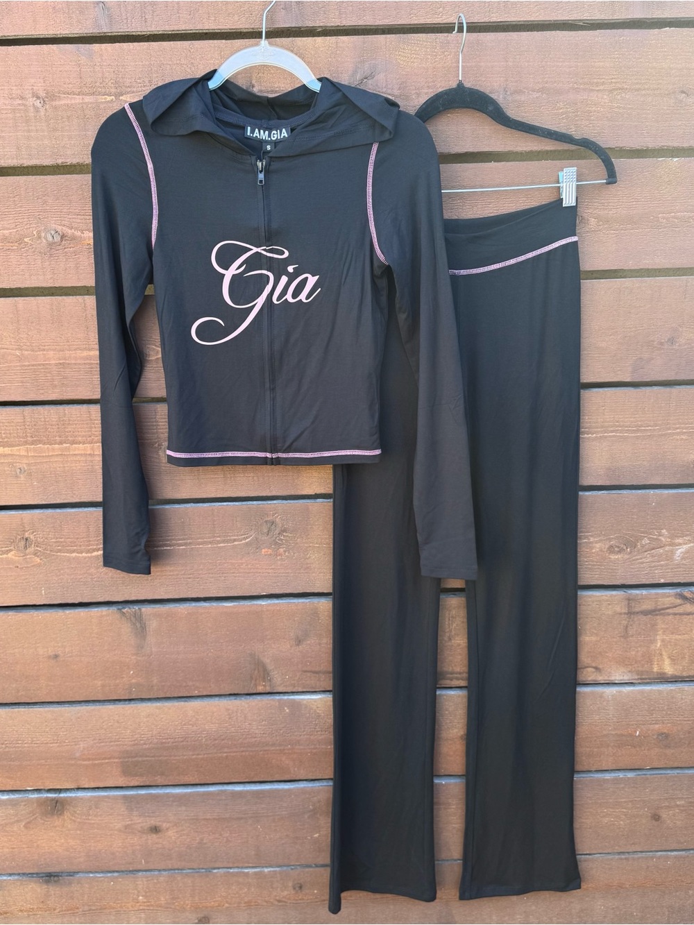 I.AM.GIA Blare Zip Front Logo Hoodie & Flare Pants Tracksuit Set Sz S Black